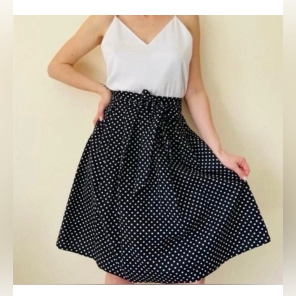 See You Monday Black Polka Dot A-Line Midi Skirt, elastic waist with tie